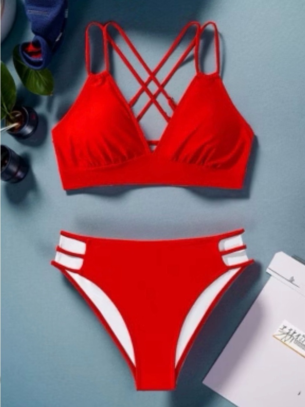 Red Strappy High-Waist Bikini Set - Women Swim